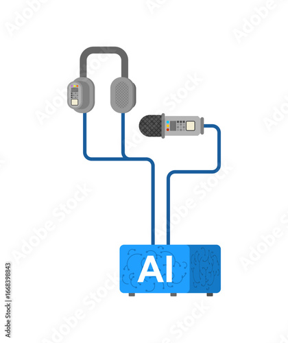 AI translator icon with headphones and microphone, symbolizing real-time language translation, speech recognition, voice technology, and smart communication systems for global interaction.