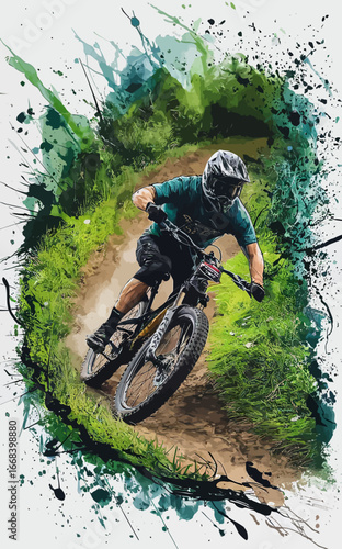 mountain biker riding downhill on a lush green trail