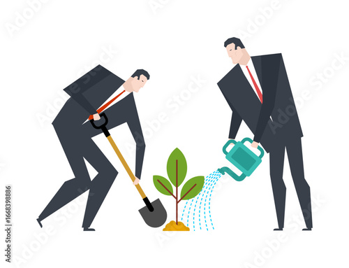 People planting and watering a tree. Concept of teamwork, care for nature, and sustainability.