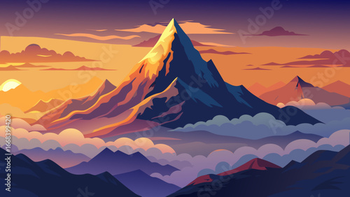 Vector art of majestic mountain peak rises above the clouds at sunset, creating a breathtaking landscape with vibrant colors and a sense of adventure