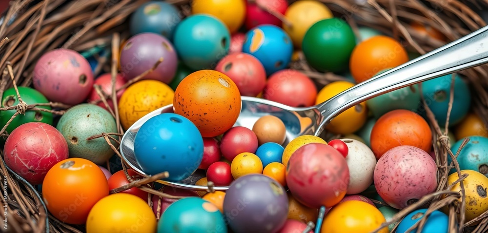 Obraz premium Colorful balls and nests; spoon for placement, colors, non-verbal communication