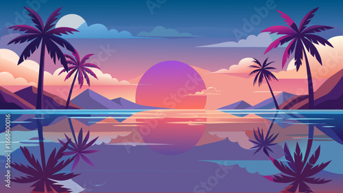 Vector art of a serene tropical sunset landscape with palm trees silhouetted against a colorful sky reflecting in the calm ocean water, creating a peaceful scene