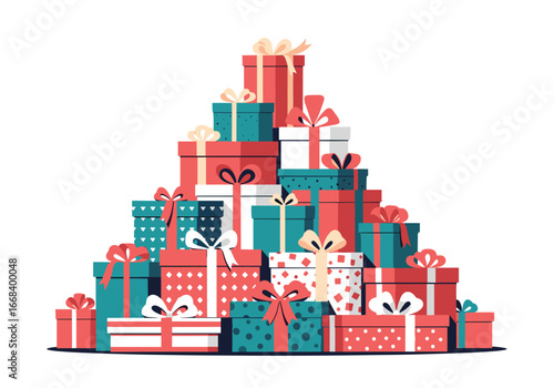 A large stack of wrapped gift boxes ready for celebration and holidays