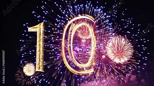 The number 100 rendered in large sparkling fireworks against night sky