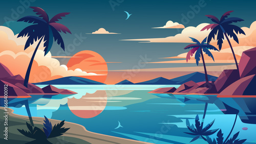 Vector art of a serene tropical sunset landscape featuring palm trees, calm water reflecting the colorful sky, and distant mountains, creating a peaceful vacation scene