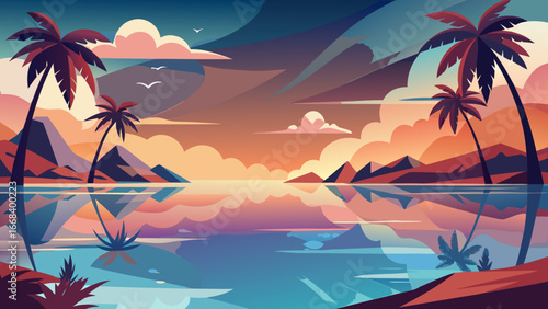 Vector art of a serene tropical sunset landscape with palm trees reflecting in the calm water, creating a peaceful and idyllic vacation scene