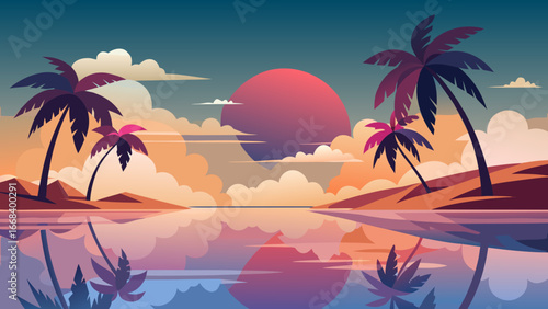 Vector art of a serene tropical beach landscape featuring palm trees silhouetted against a vibrant sunset sky, with a calm sea reflecting the colorful scene