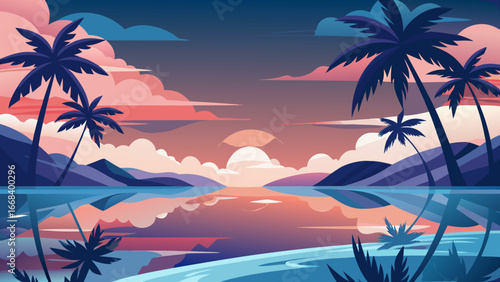 Vector art of a tranquil tropical sunset landscape featuring palm trees mirrored in the water, evoking a sense of peacefulness and vacation bliss