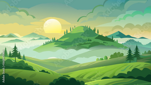 Vector art of a beautiful green landscape with rolling hills, trees, and a bright sun shining in the sky, creating a peaceful and idyllic scene