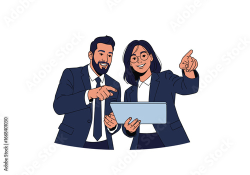 Two professionals collaborating on a digital device with positive engagement