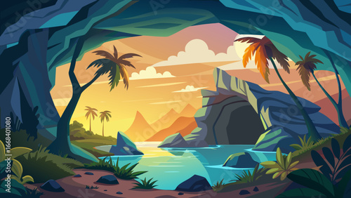 Vector art of a tropical cave landscape reveals a serene sea view at sunset, with palm trees and rocky cliffs, inviting exploration and relaxation on a tranquil vacation