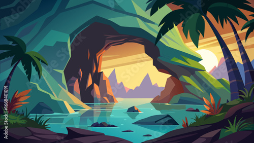 Vector art of a serene tropical landscape featuring a cave entrance overlooking a calm sea with palm trees and mountains during a vibrant sunset
