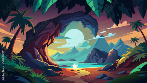 Vector art of a captivating tropical sunset scene featuring a cave entrance framing a serene beach, mountains, and palm trees under a colorful sky