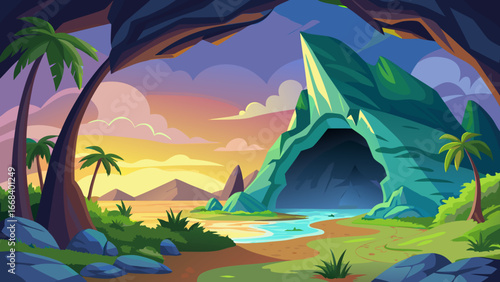 Vector art of a vibrant cartoon landscape featuring a cave entrance framed by lush tropical vegetation and a stunning sunset over the ocean horizon