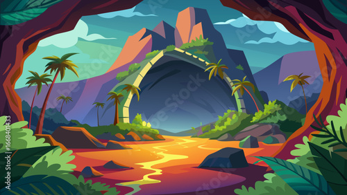 Vector art of a captivating cartoon landscape showcases a cave entrance framed by lush tropical vegetation and a majestic mountain range in the background