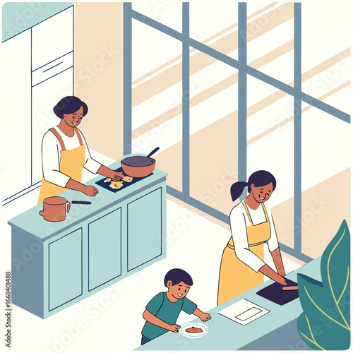 Illustration of a family cooking together in the kitchen, a mother, son and daughter preparing food in a domestic setting