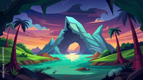 Vector art of a vibrant tropical island landscape featuring a unique rock formation at sunset, surrounded by palm trees and turquoise waters, creating a serene paradise