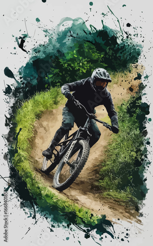 mountain biker riding downhill on a lush green trail