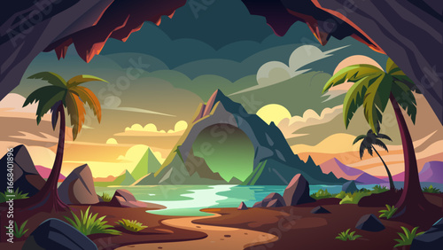 Vector art of a serene tropical island landscape featuring a natural arch rock formation at sunset, with palm trees and calm waters creating a tranquil escape