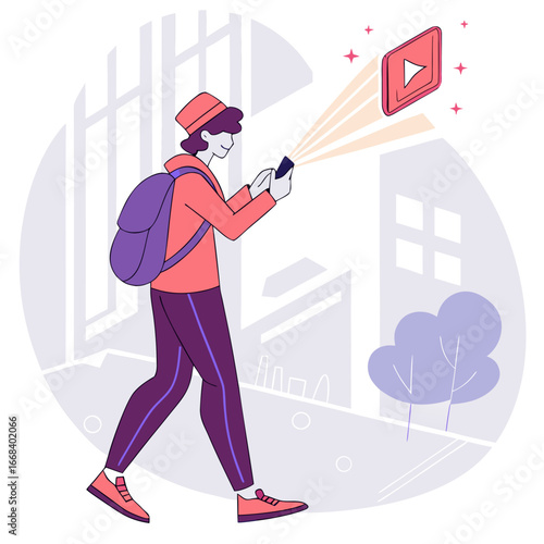 Vector art of a young man with a backpack is walking down the street while watching a video on his mobile phone