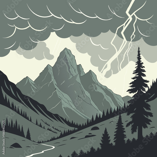 Vector art of dramatic mountain landscape with towering peaks, lush forests, and a stormy sky filled with lightning strikes and dark clouds