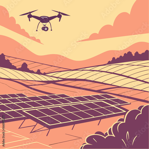 Vector art of drone surveying solar panel farm in agricultural field for renewable energy and sustainable technology innovation