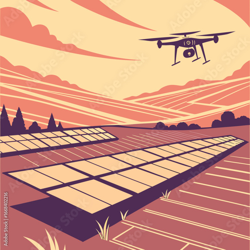 Vector art of drone flying over solar panel farm in agricultural field for renewable energy and sustainable technology innovation