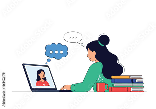 Young woman communicating online via laptop while studying with books nearby