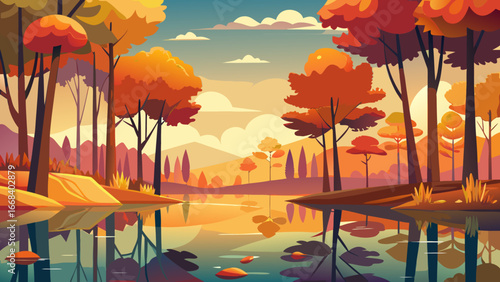 Vector art of captivating autumn scenery with vibrant trees reflecting in a serene lake, offering a tranquil and idyllic view of the countryside at sunset