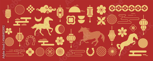 Chinese New Year 2026 element vector set. Year of the horse design. Icons of Asian Lunar New Year holiday decoration