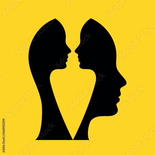 Metaphor bipolar disorder mind mental. Double face. Split personality. Two human profiles forming hidden faces inside, representing inner conflict, dissociation, dual identity, psychology concept