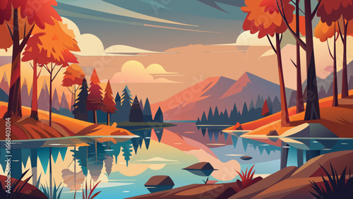 Vector art of scenic autumn landscape with colorful trees reflecting in a tranquil lake, creating a peaceful and idyllic countryside panorama at sunset