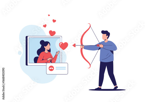 Man shoots arrow of love at woman on computer screen finding true love