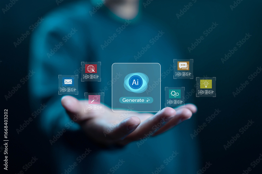 Fototapeta premium Artificial intelligence generate concept. icon floating above hand, symbolizing automation, innovation, digital transformation, data technology, smart solutions, future business growth. generate AI