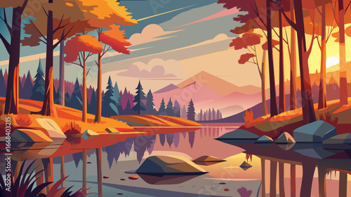 Vector art of a picturesque autumn scene with a reflective lake mirroring the colorful trees and distant mountains, creating a tranquil and inviting outdoor landscape