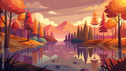 Vector art of autumn landscape featuring a serene lake reflecting mountains and trees at sunset, creating a tranquil and colorful scene in natures embrace
