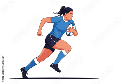 Athletic woman rugby player running with ball during sports game