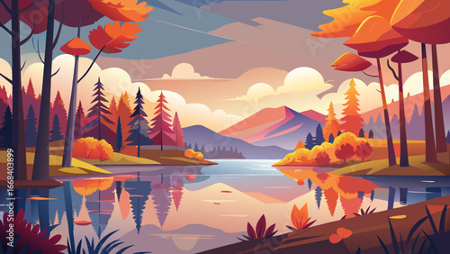 Vector art of a picturesque autumn scene with a calm lake mirroring the colorful trees and majestic mountains under a pastelcolored sky at dusk