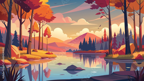 Vector art of captivating autumn landscape showcasing a serene river reflecting vibrant trees and majestic mountains beneath a picturesque sky, evoking a sense of tranquility