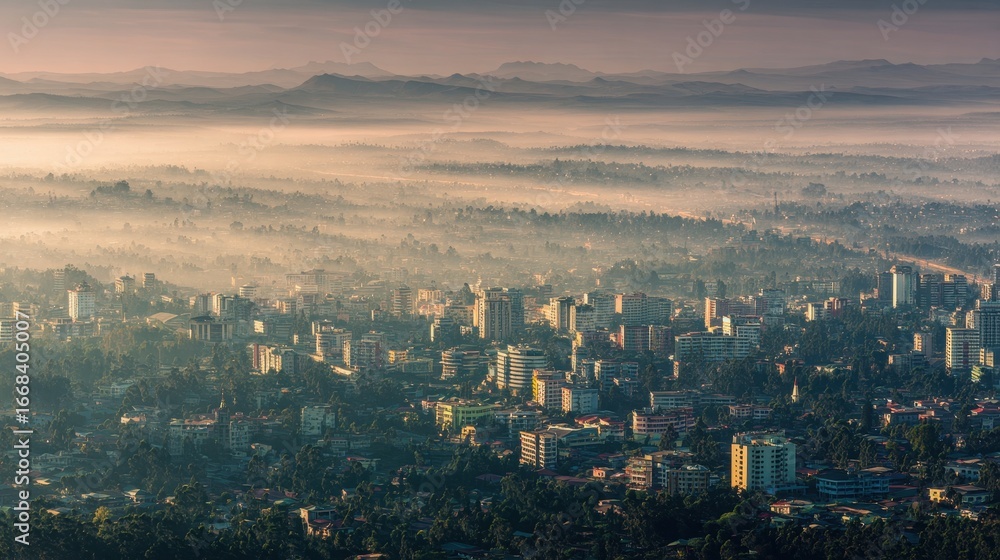 Obraz premium Aerial view of addis ababa ethiopia at dawn with a road full of cars and some high rise buildings visible above the fog