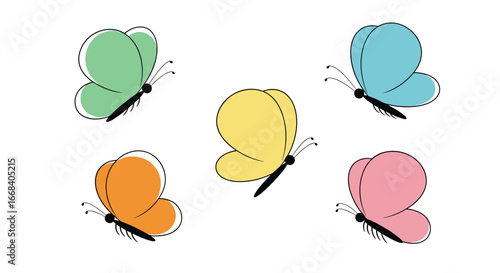 A vibrant collection of whimsical butterflies fluttering in various bright colors