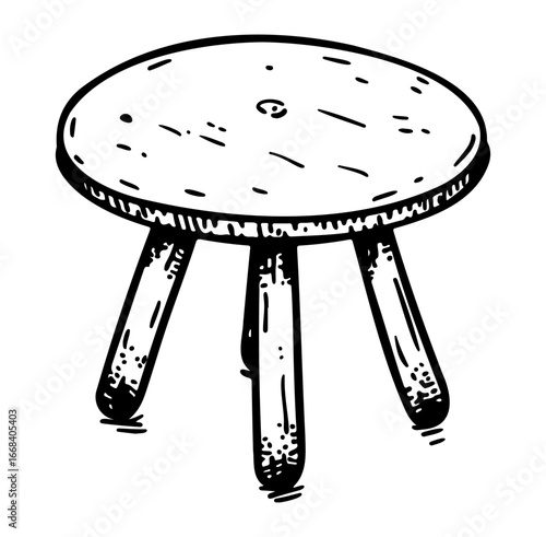 Hand-Drawn Doodle of a Simple Round Wooden Stool in Black and White