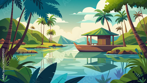 Vector art of a picturesque tropical landscape with a river, boat, and gazebo, surrounded by palm trees and mountains, creating a serene and inviting scene