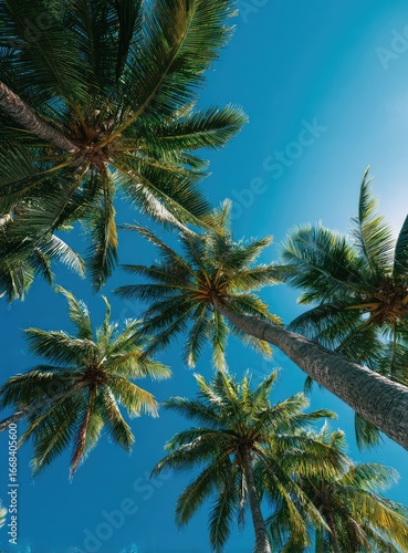 Wallpaper Mural Low-angle view of tall palm trees against a vibrant blue sky, sunlight filtering through fronds Torontodigital.ca