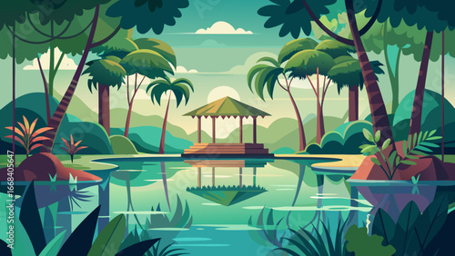 Vector art of a serene tropical landscape featuring a gazebo reflected in a tranquil pond surrounded by lush vegetation and palm trees, creating a peaceful scene