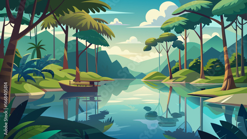 Vector art of tropical lake landscape with lush trees, a boat, and clear reflections, creating a serene and inviting scene for travel and nature enthusiasts