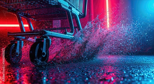Shopping Cart in Neon Light with Splashing Water. Ai generation