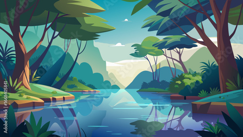 Vector art of scenic lake landscape with lush trees, clear reflections, and distant mountains, creating a tranquil and picturesque scene for nature lovers
