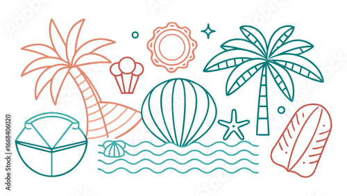 Vector art of tropical summer beach vacation themed illustration with palm trees, starfish, shells, and surfboards
