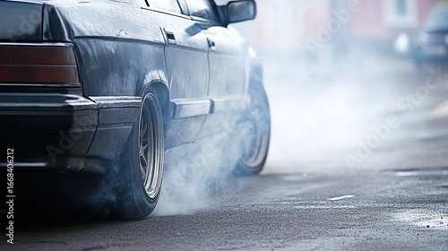 Car tire smoking scene, vehicle breakdown or drifting dynamic moment